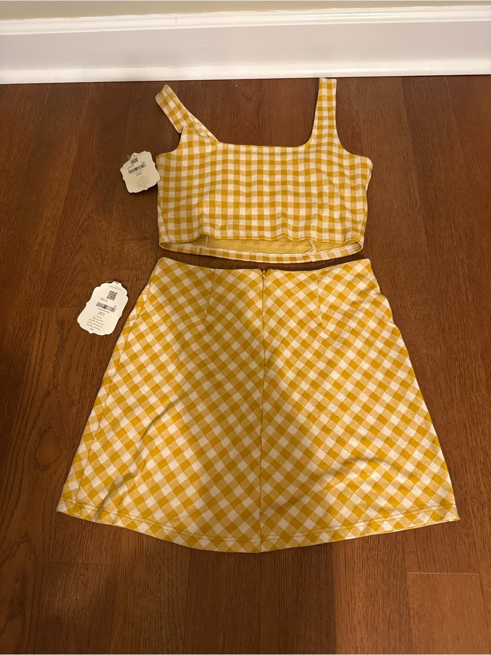NWT Altar'd State Yellow Gingham Two Piece Set Crop Top Mini Skirt Co-Ord S - Picture 2 of 16
